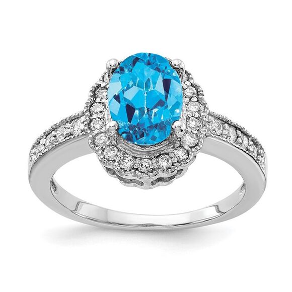 Kazi Luxury 14k White Gold 8x6mm Oval Blue Topaz AA Diamond ring